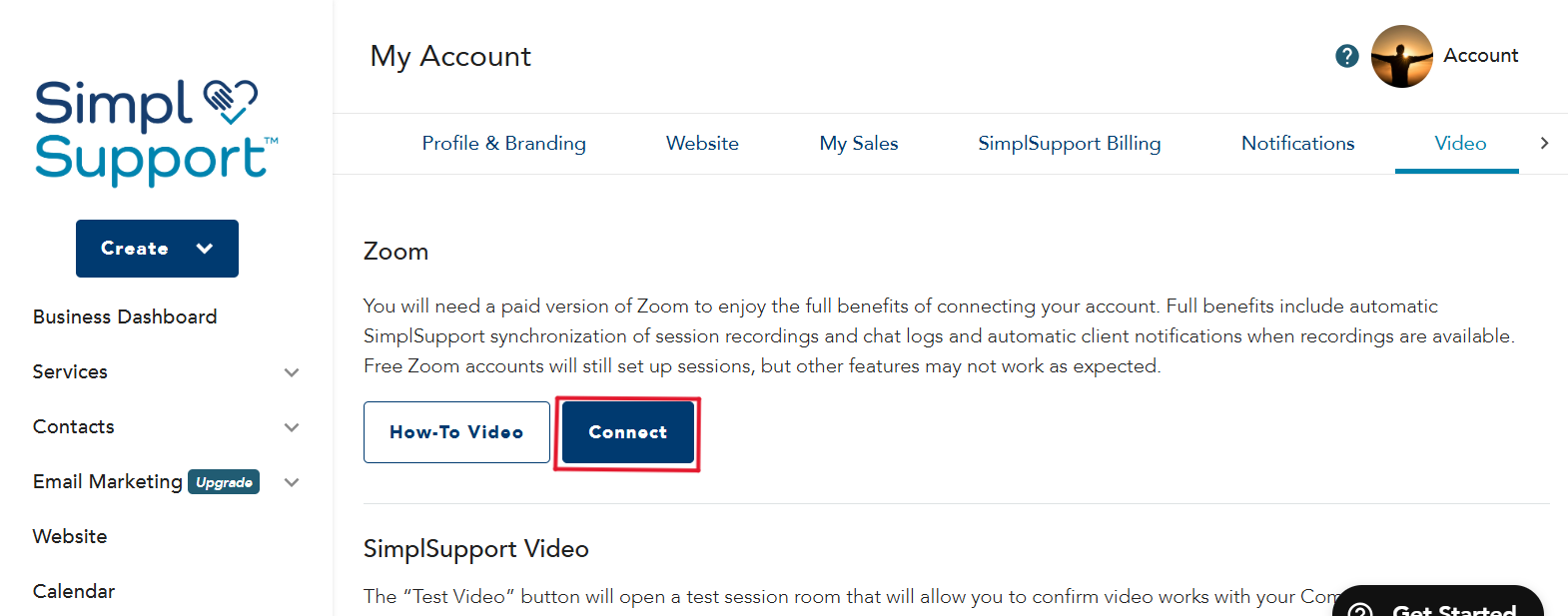 Video settings page with the Zoom Connect button highlighted