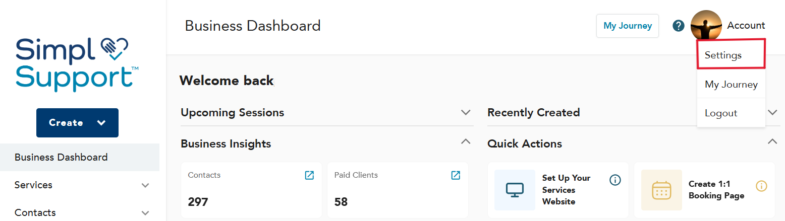 Business Dashboard with the account menu open and Settings highlighted