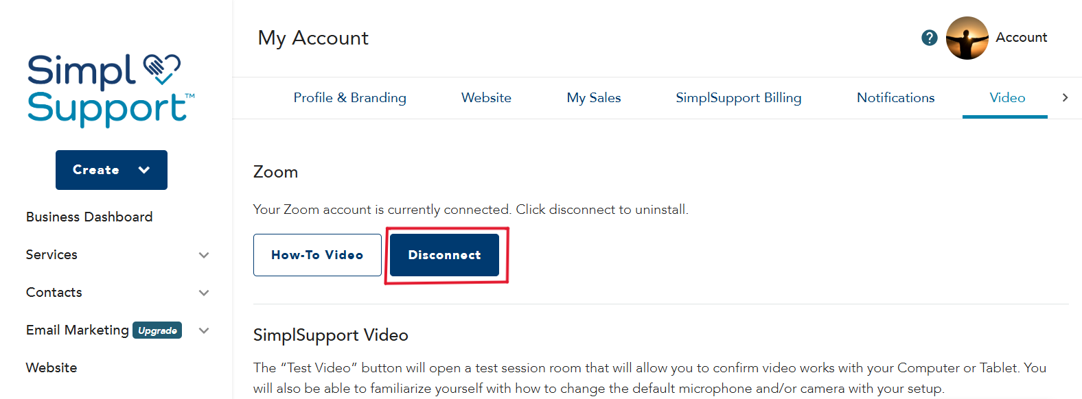 Video settings page showing a connected Zoom account with the Disconnect button highlighted