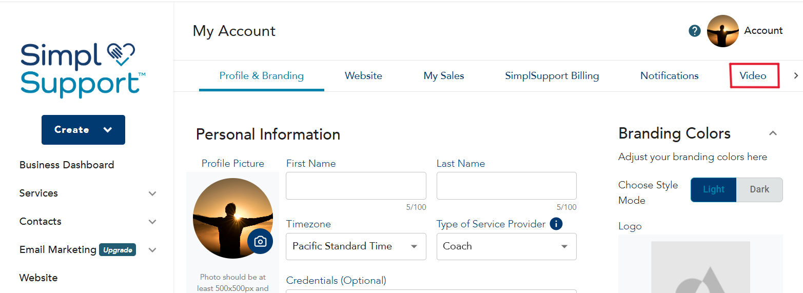 My Account settings page with the Video tab highlighted
