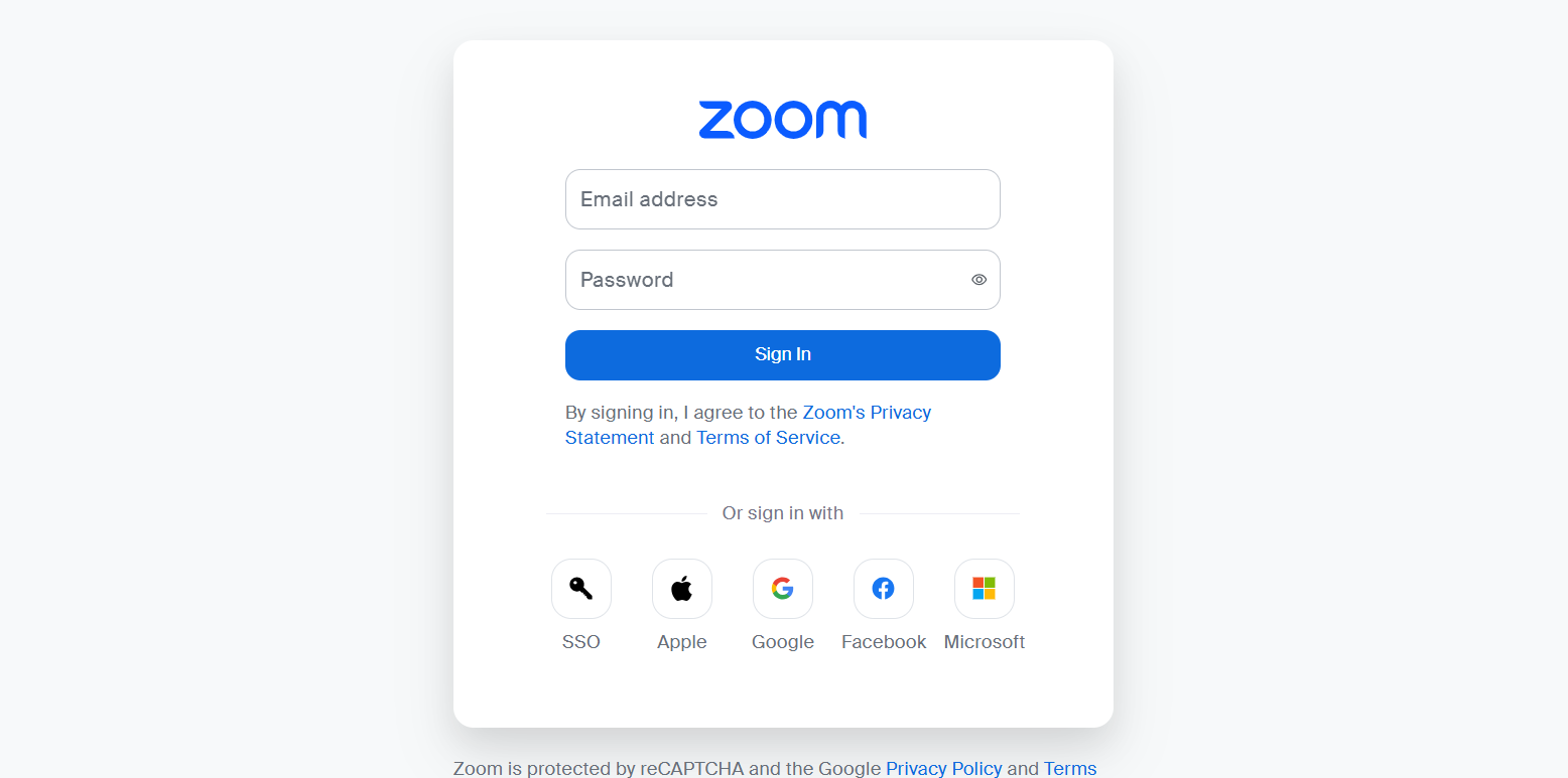 Zoom sign-in page with email and password fields